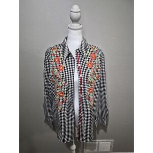 A La Carte Womens Plaid Floral Embroidered Button-Up Shirt Medium Boho Office